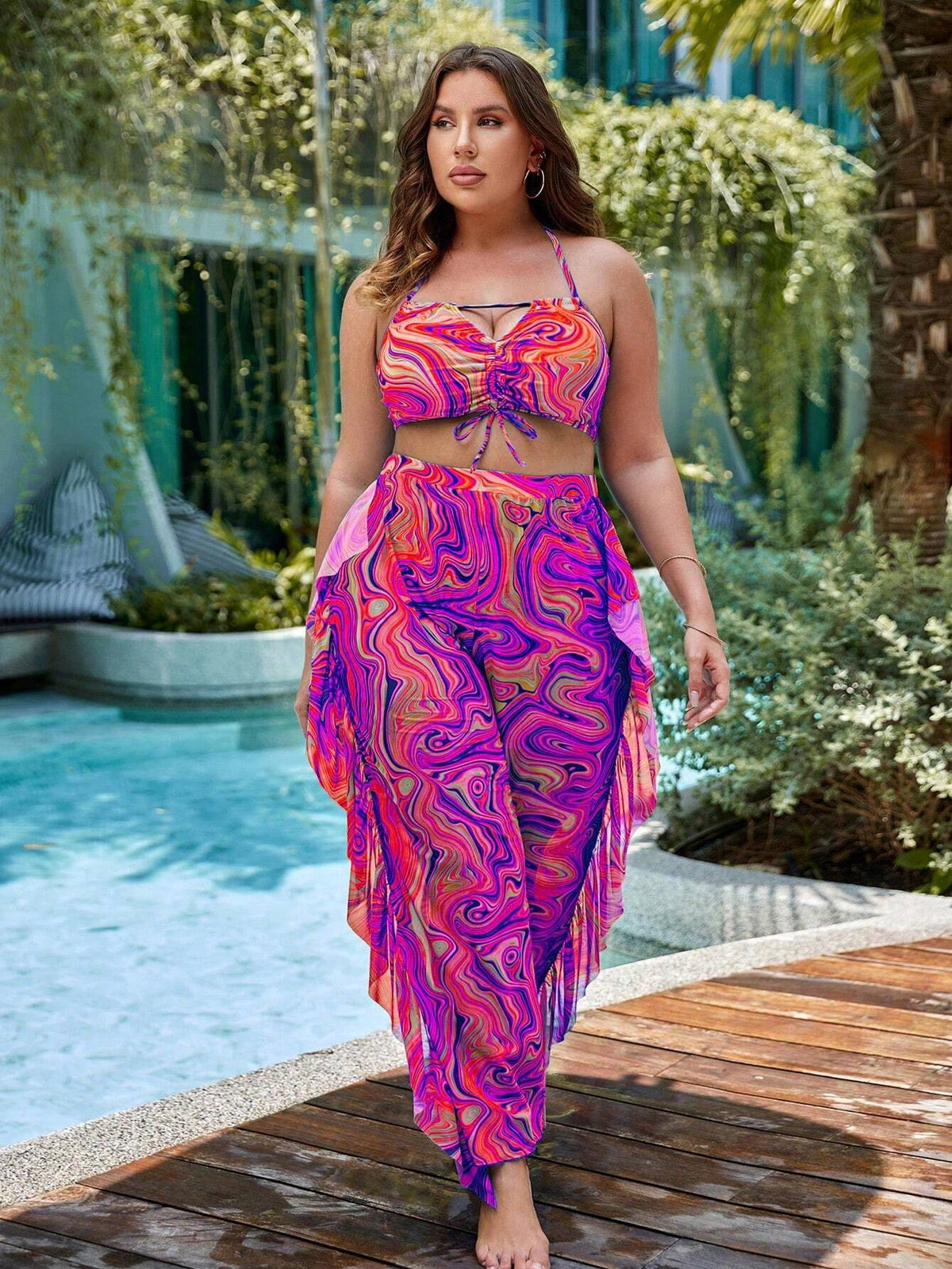 Conjunto 3 Peças Biquíni e Calça Estampa Linda Plus Size